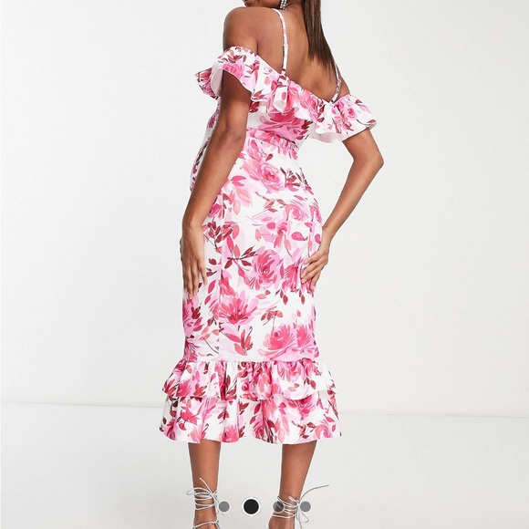ASOS DESIGN Maternity Ruffle Midi dress in Pink Floral Print - Picture 2 of 8